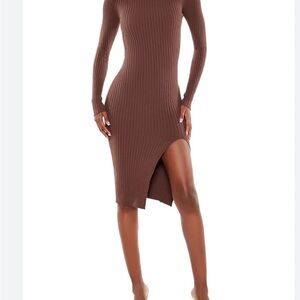 Forever 21 Brown Ribbed Long Sleeve Midi Dress with Side Slit